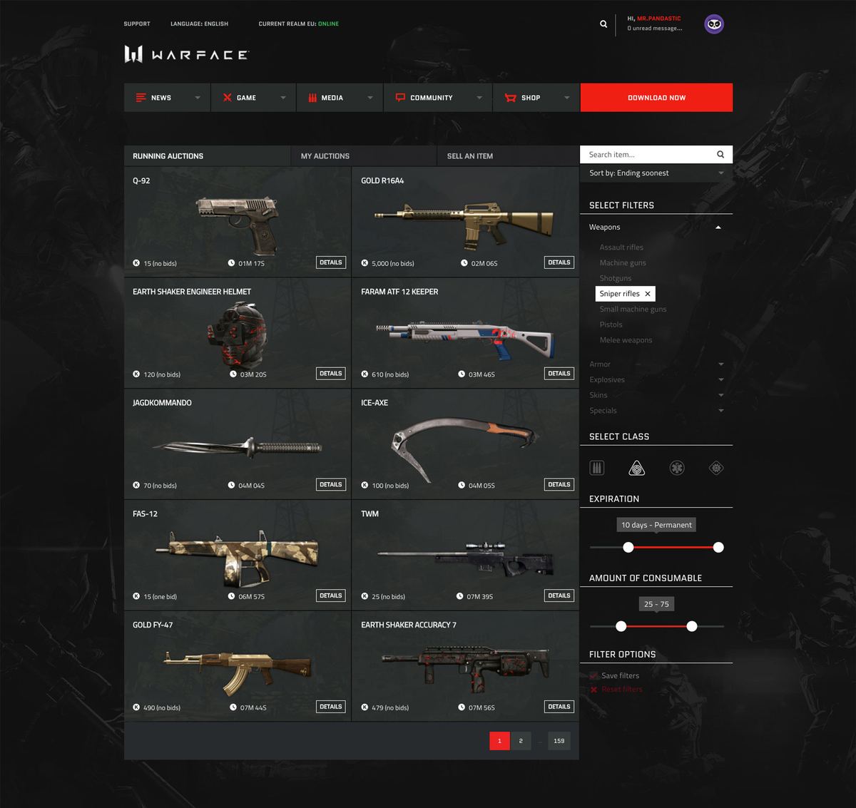 The main view of the auction house with filtering and search.