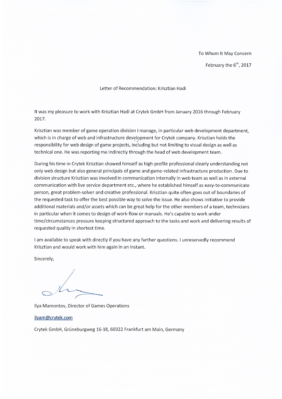 Recommendation letter from Ilya Mamontov, Director of Games Operations at Crytek, dated 6 February 2017.