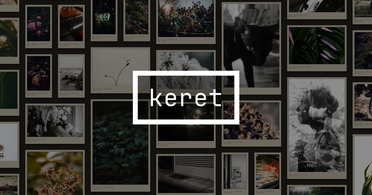 Keret wordmark in a thick white frame over a wall of photographs.