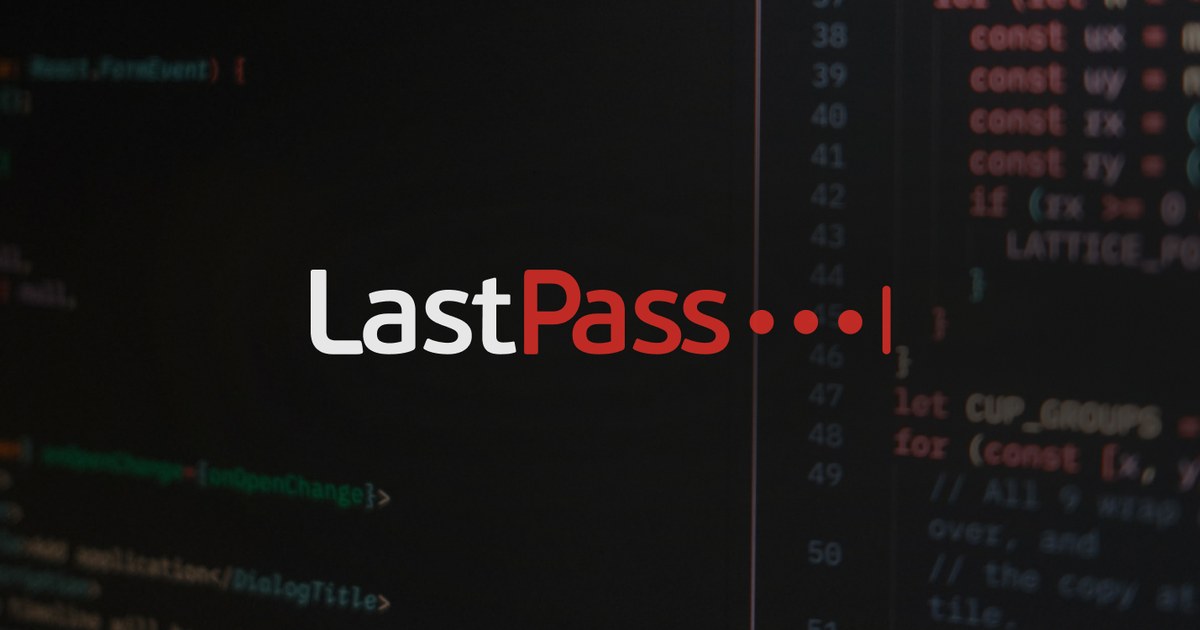 LastPass logo on a dark code editor screenshot.